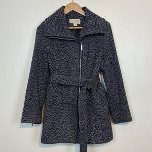 Michael Kors Wool-Blend Belted Zip Coat Size 6 Black & White Textured Tweed